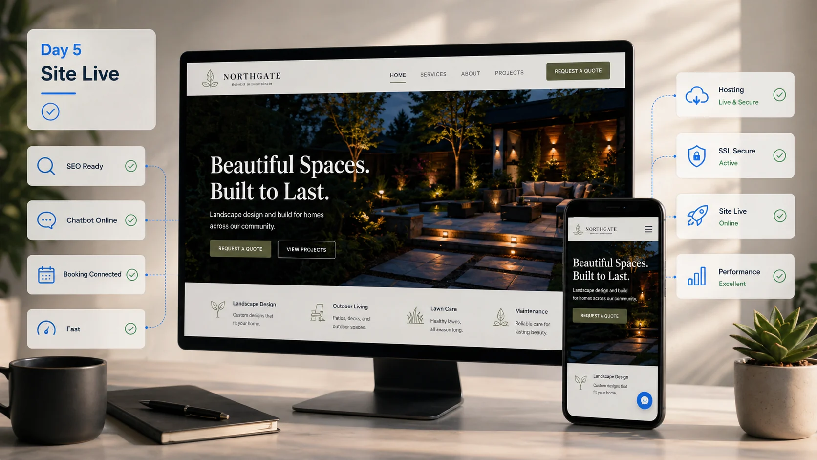 Day 5 — site live across desktop and mobile, with hosting, SSL, SEO, chatbot, and booking all connected.