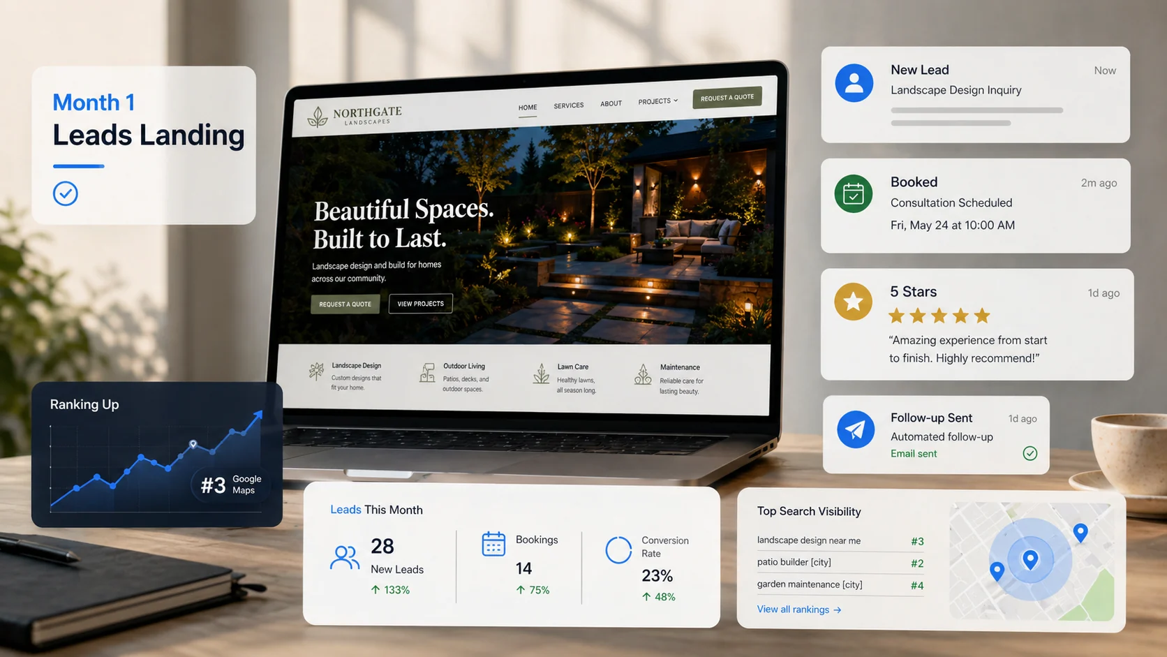 Month 1 — leads landing, with new lead notifications, bookings, 5-star reviews, and Google ranking trending up.
